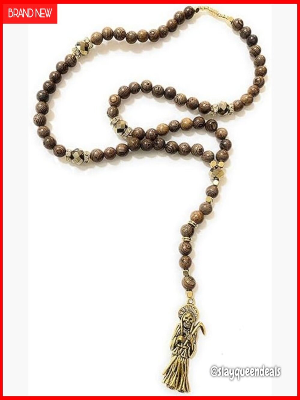 Santa Muerte Rosary Necklace, Wooden Holy Death Necklace